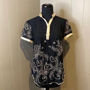 Hazel Blouse Top Lace Round Button Up Pleated Wavy Hem